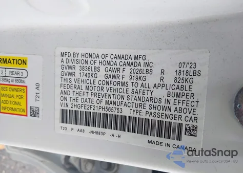 2023 Honda Civic Lx из США, поврежденный, VIN 2HGFE2F21PH565753